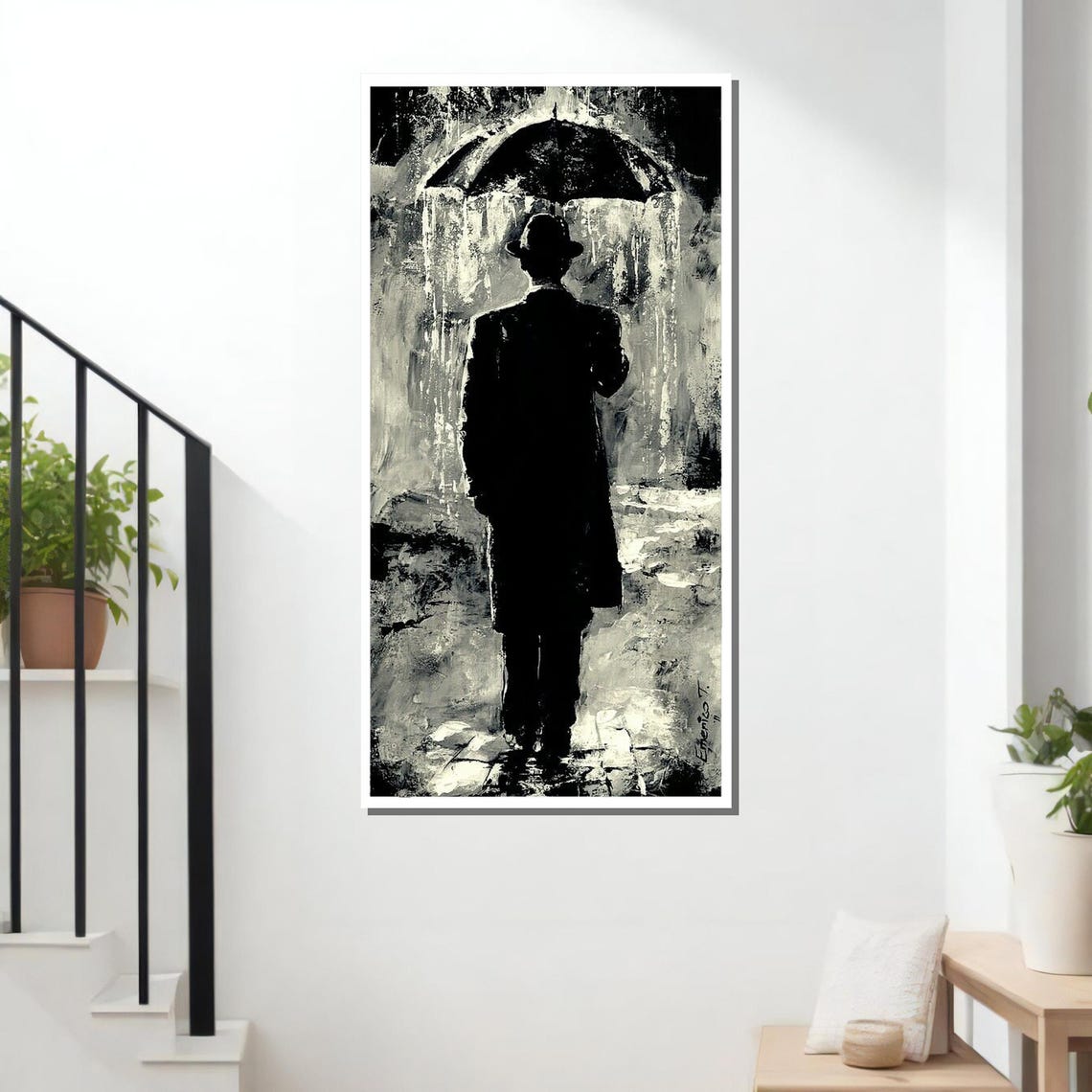 Monochrome Man With Umbrella Rainy Street Noir Black White Art Poster - Image 2