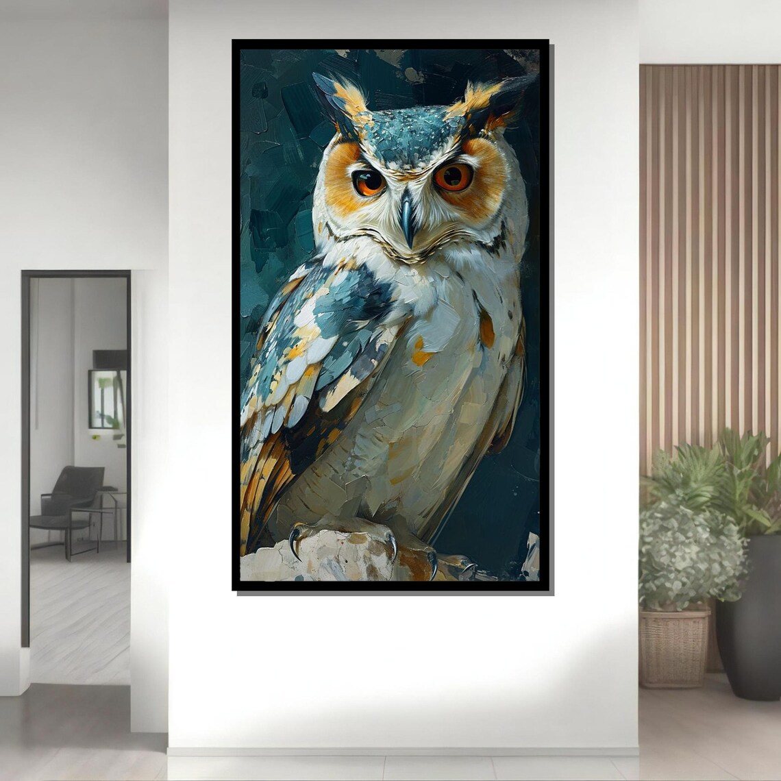 Majestic Owl Portrait Abstract Bird Painting Blue Orange Wall Poster - Image 4