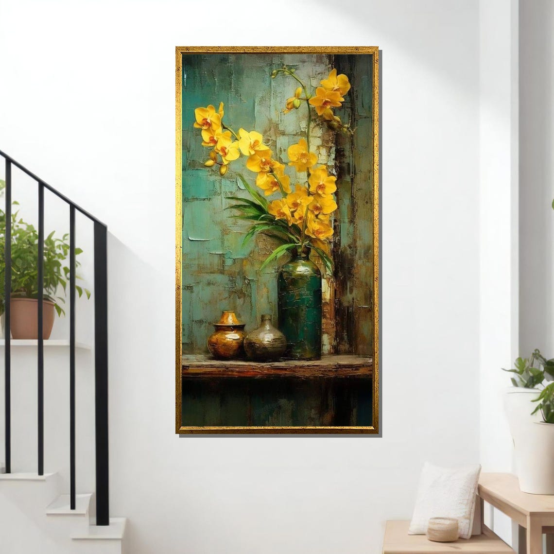 Golden Yellow Orchids Vase Still Life Vintage Botanical Art Print