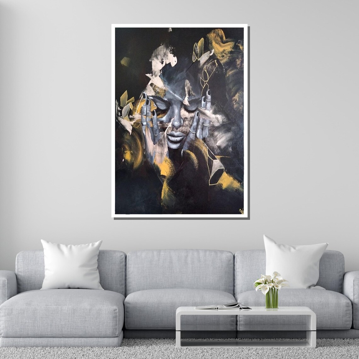 Black and Gold Abstract Emotional Portrait Thoughtful Woman Modern Art Poster - Image 2