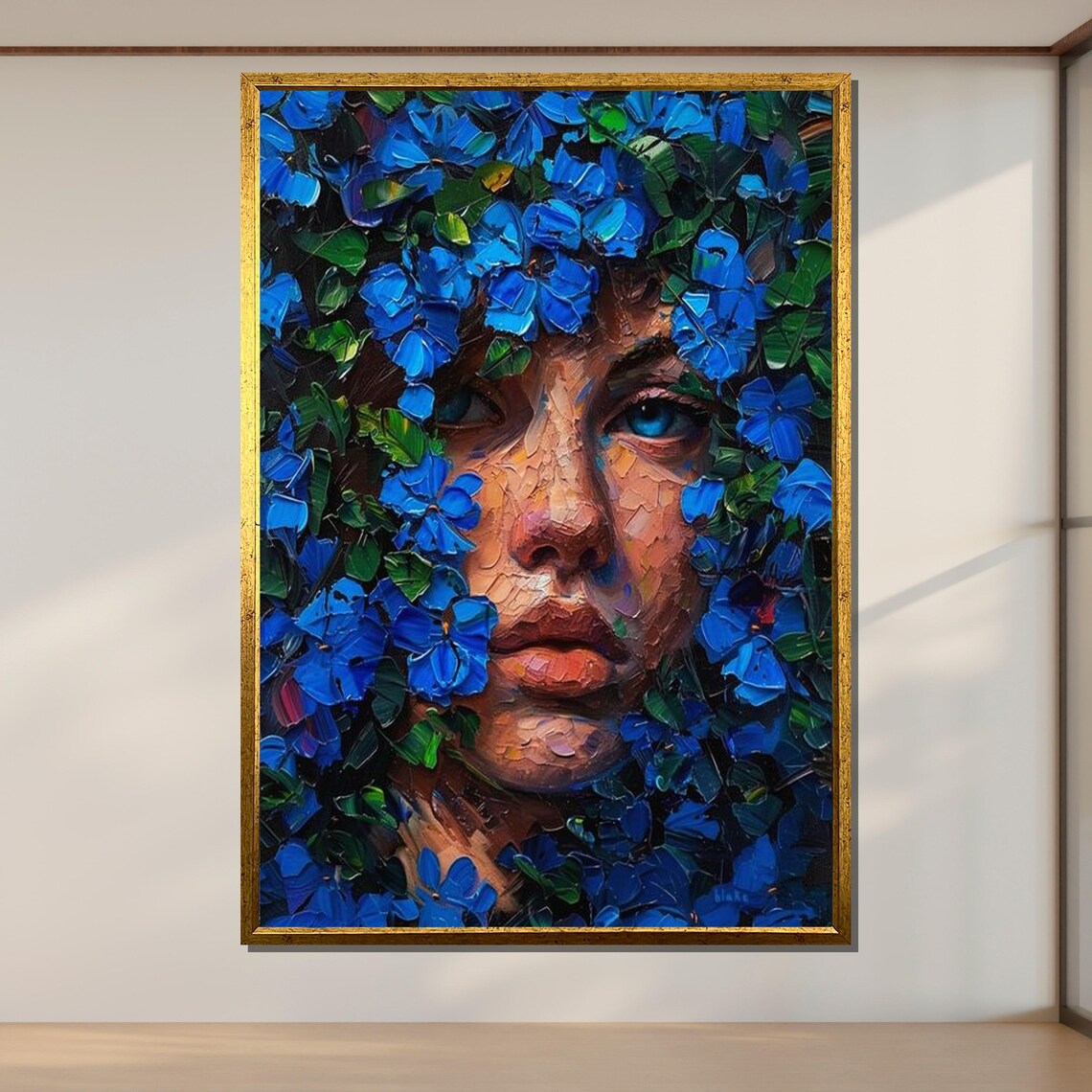 Blue Blossom Girl Floral Portrait Impasto Flower Face Painting Poster