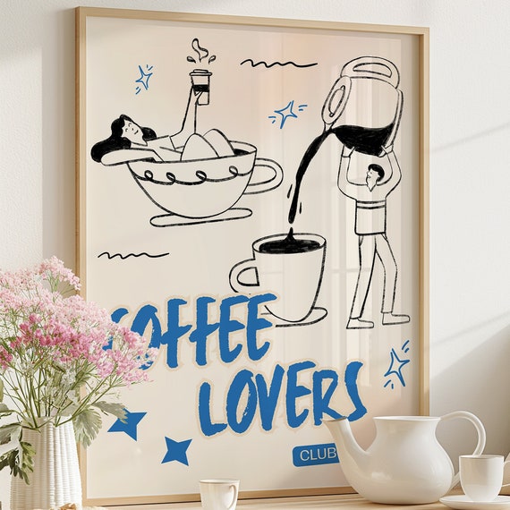 Coffee Lover Club Coffee Bar Decor Trendy Kitchen Illustration Wall Art Print Aesthetic Coffee Poster Retro Cafe Print