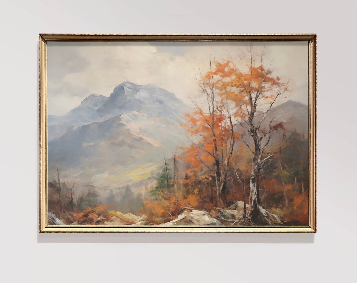 Misty Mountain Peak Orange Birch Tree Autumn Fall Vintage Poster - Image 2