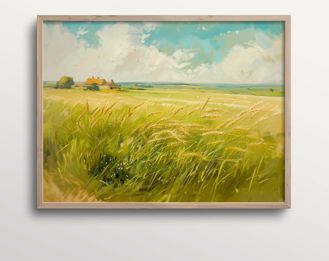 Golden Wheat Field Farmhouse Impressionist Oil Painting Country View Poster