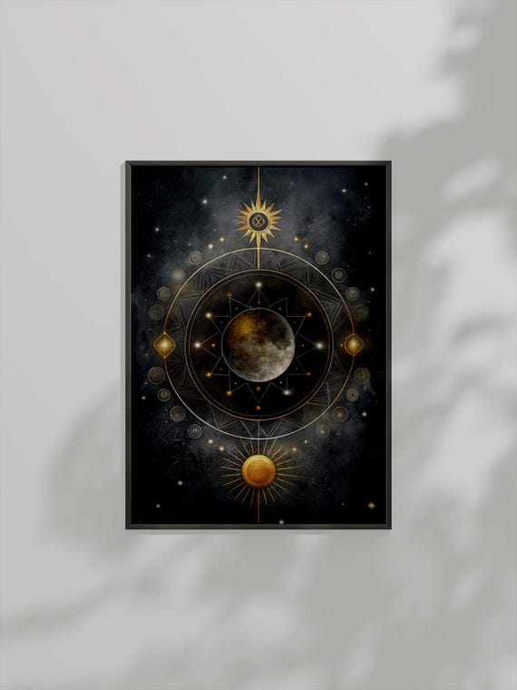 Celestial Moon And Sun Wall Art Mystical Astrology Cosmic Painting Spiritual Decor