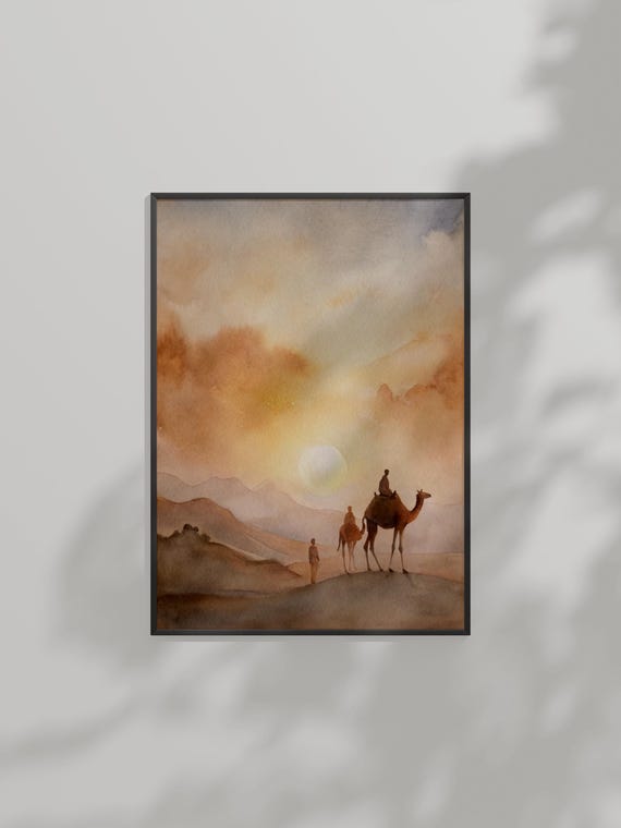 Desert Journey Watercolor Sunset With Camels