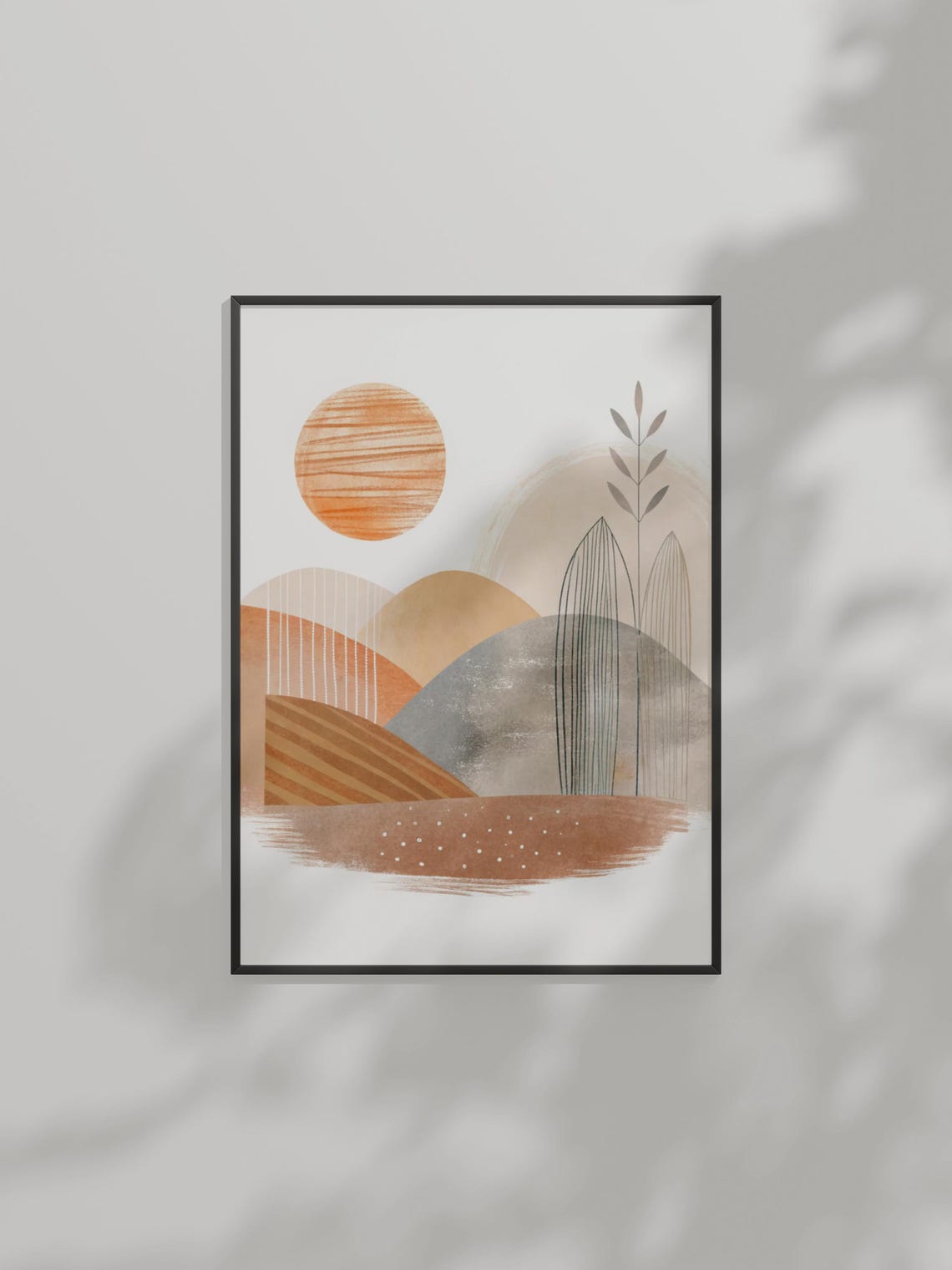 Minimalist Boho Desert Landscape Striped Sun Line Art Plant Poster