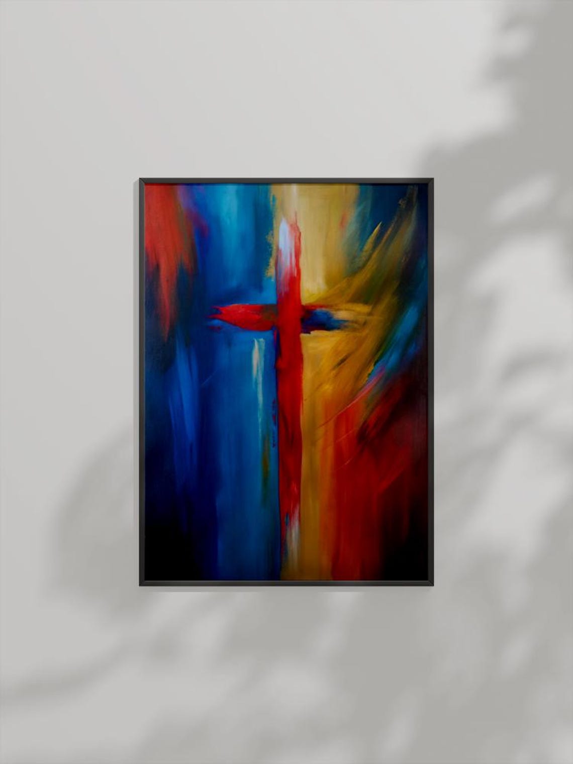Bold Abstract Red Cross Expressive Blue Gold Brushstroke Poster