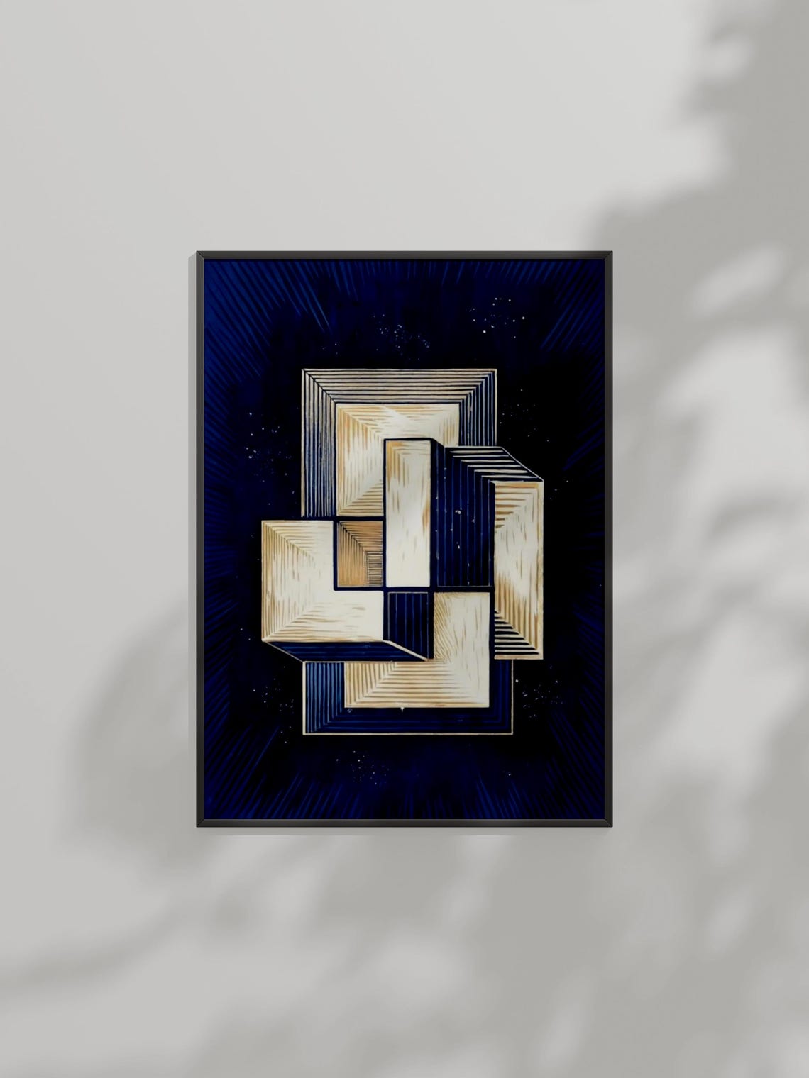 Modern Abstract Blue And Gold Geometric Optical Block Art Poster