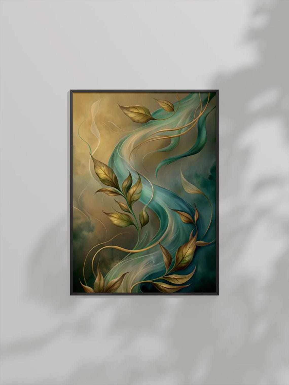 Elegant Golden Leaves Teal Breeze Flowing Botanical Nature Wall Art