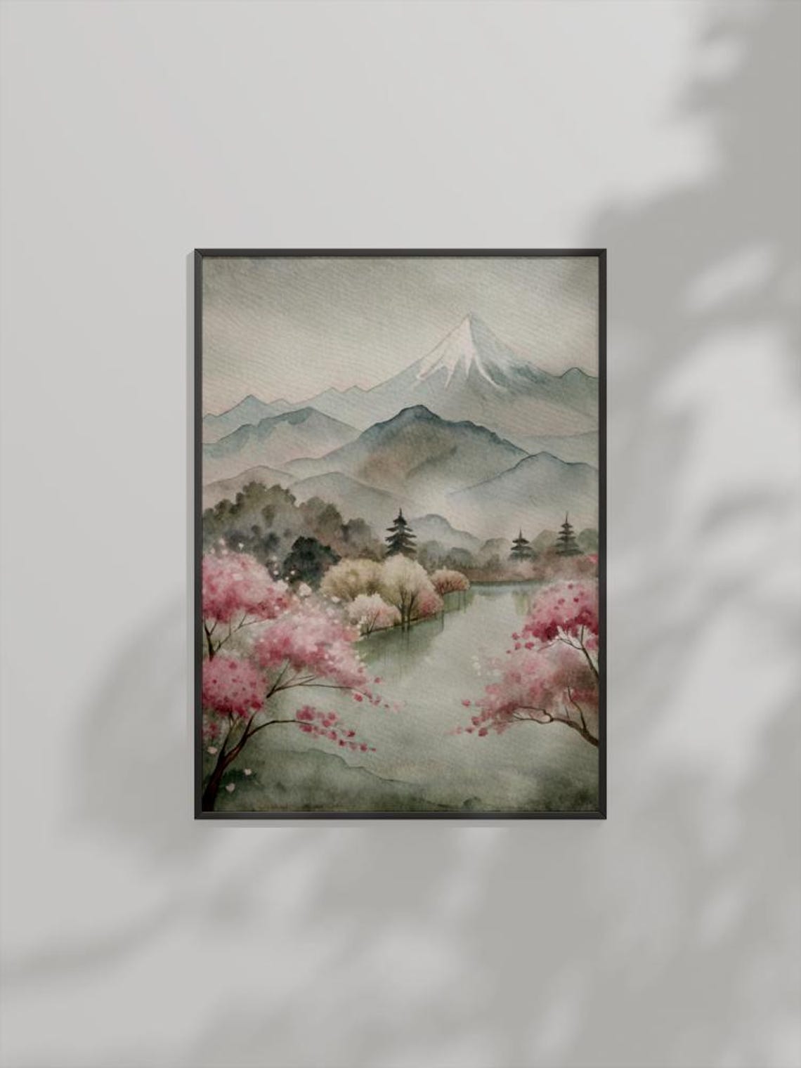 Cherry Blossoms With Mountain View Watercolor