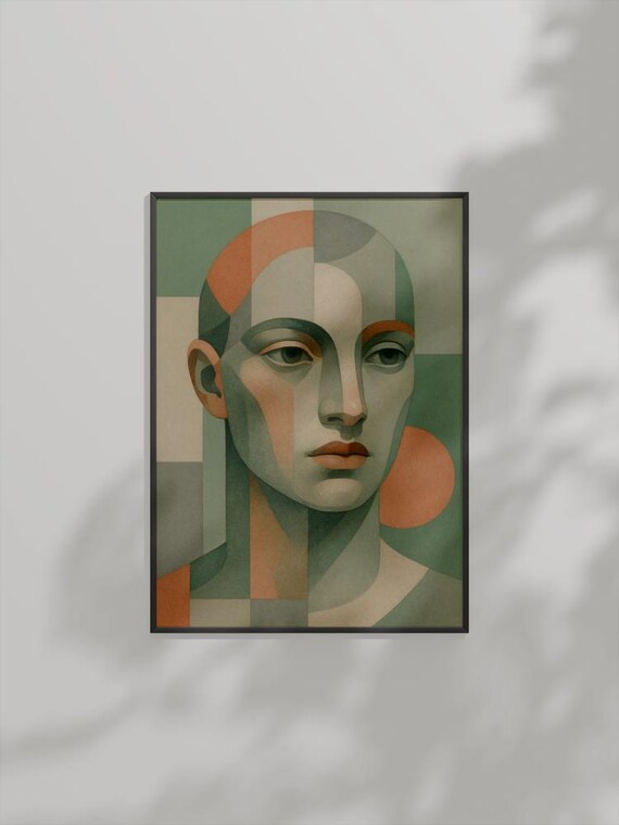 Abstract Geometric Face Portrait Modern Cubist Muted Green Tones Poster