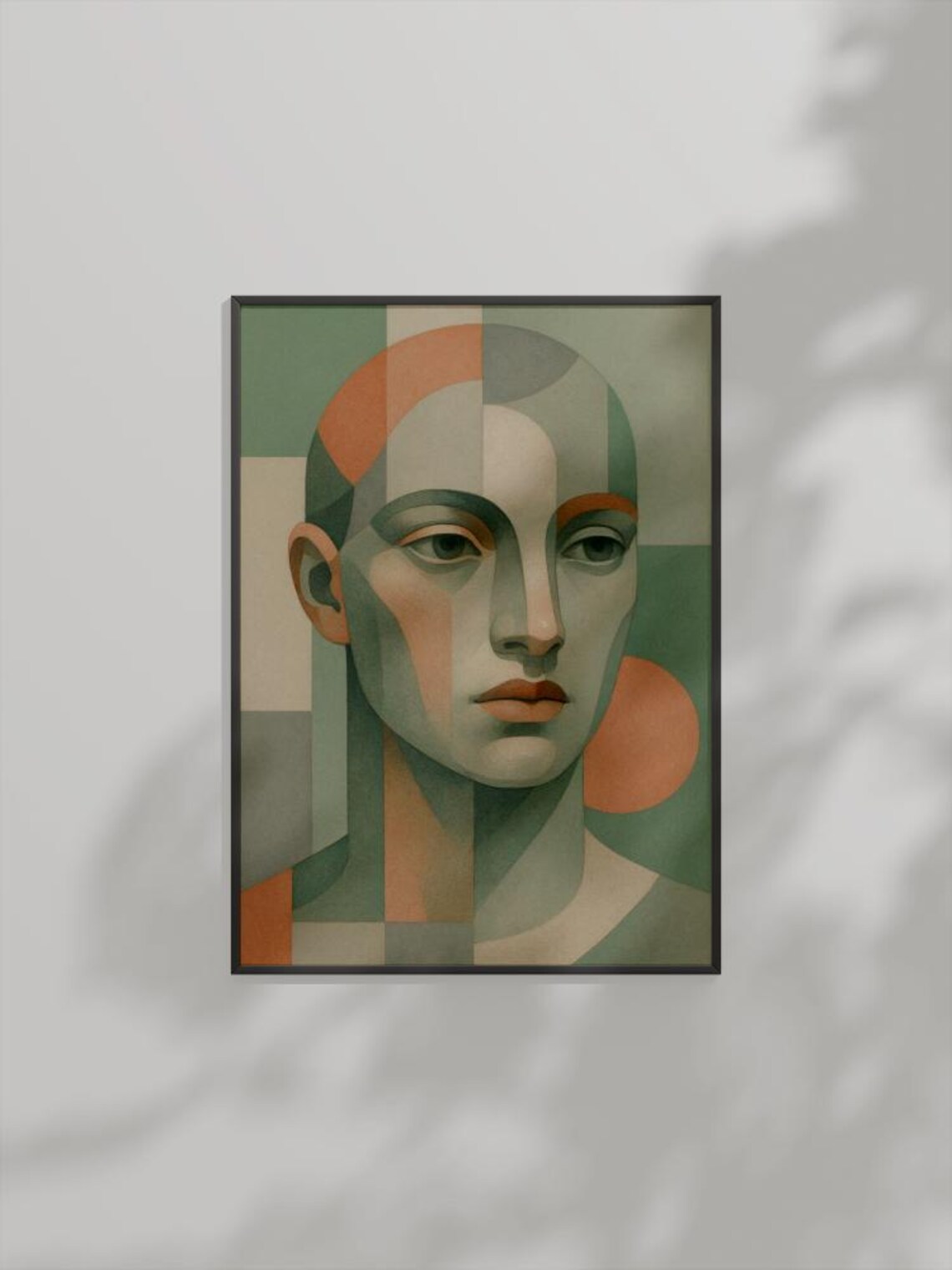 Abstract Geometric Face Portrait Modern Cubist Muted Green Tones Poster