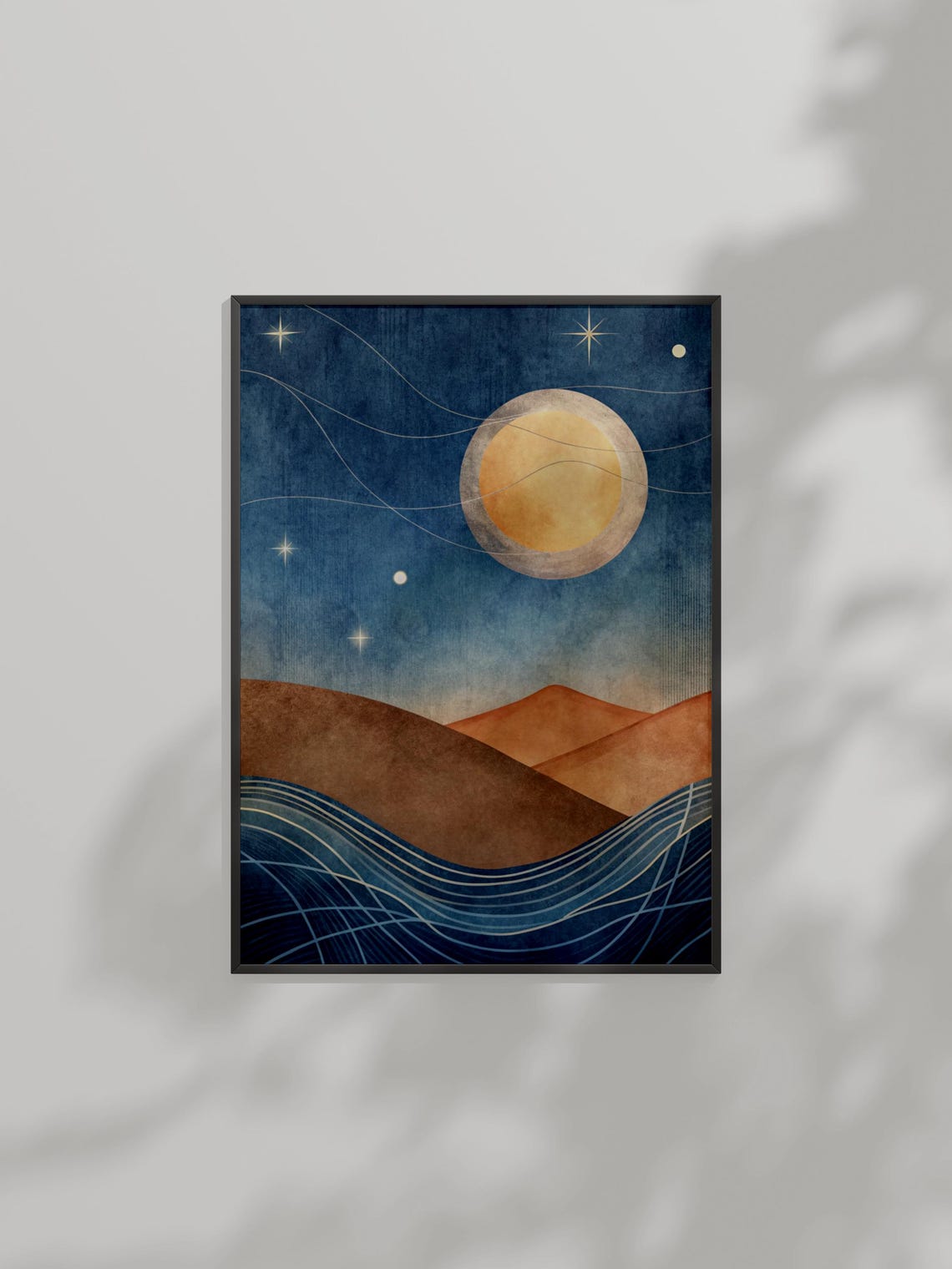 Moonlit Night Sky Poster Golden Moon Stars Over Dunes And Dark Waves