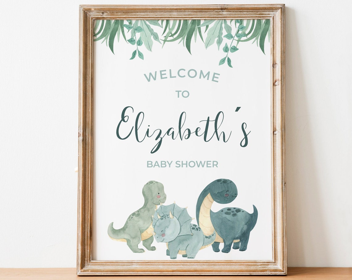 Elizabeth Baby Shower Welcome Sign Cute Dinosaur Party Poster Decor