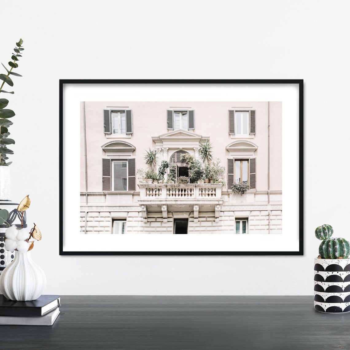 European Balcony Plants Blush Pink Facade Romantic Travel Photo Poster