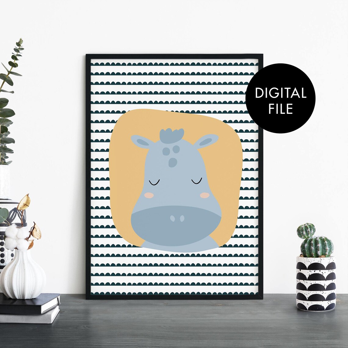 Cute Baby Hippo Nursery Digital File Playful Kids Room Animal Wall Art