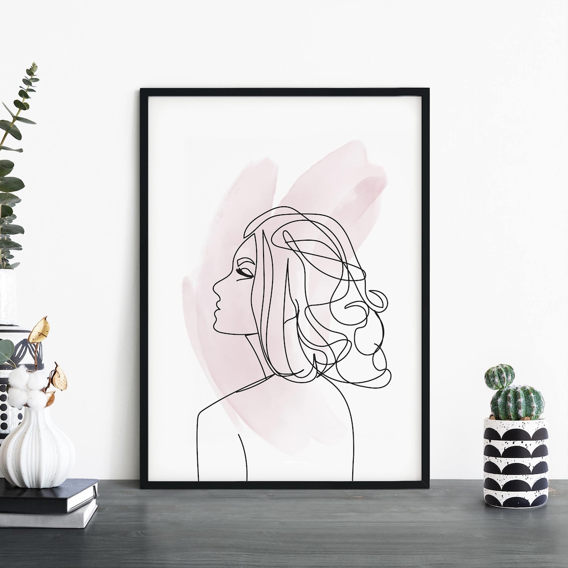 Line Drawing Woman Flowing Hair Blush Pink Minimalist Art Poster