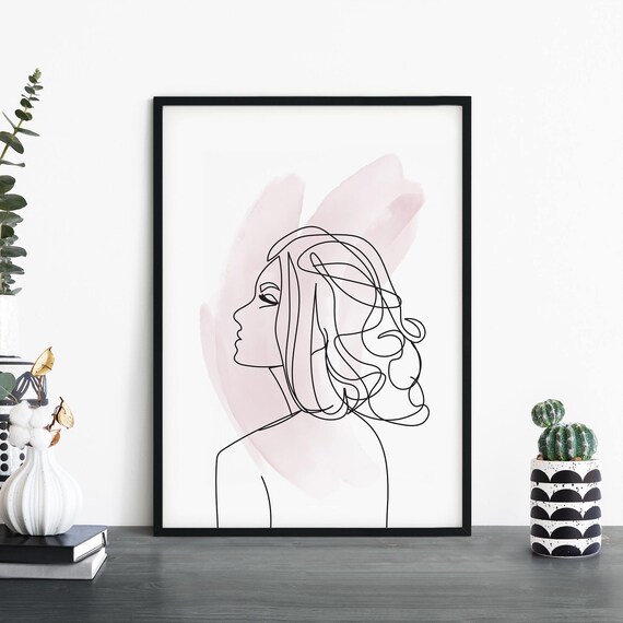 Line Drawing Woman Flowing Hair Blush Pink Minimalist Art Poster