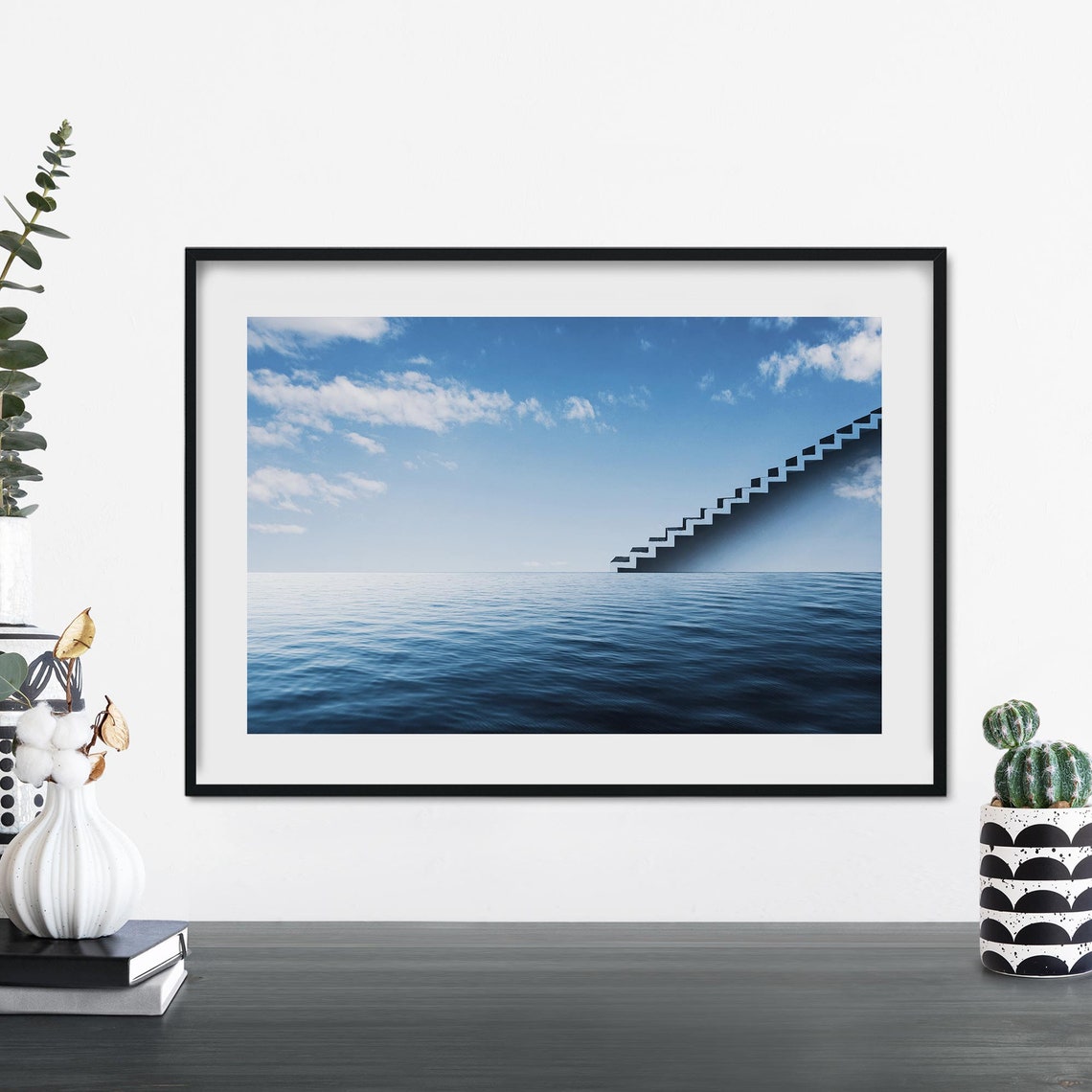 Surreal Staircase Ascending Ocean Sky Dreamy Conceptual Art Poster