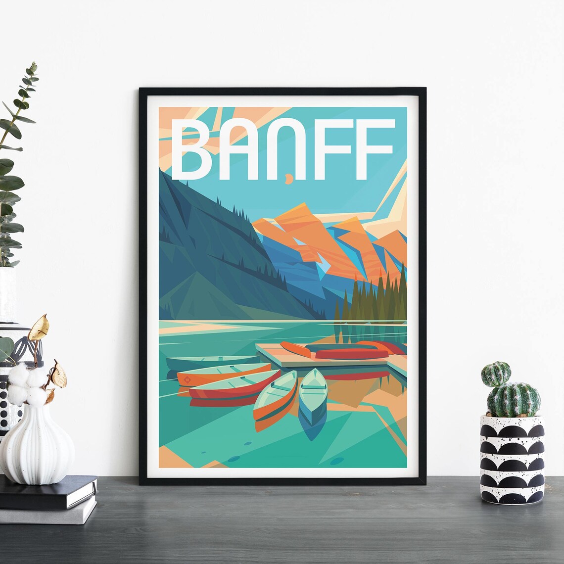 Banff Canada Travel Poster With Colorful Canoes On A Mountain Lake