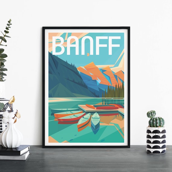 Banff Canada Travel Poster With Colorful Canoes On A Mountain Lake