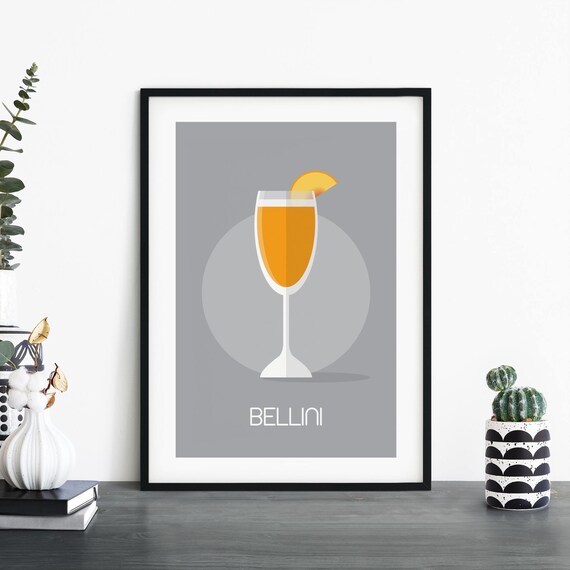 Bellini Cocktail Minimalist Illustration Grey Bar Decor Poster