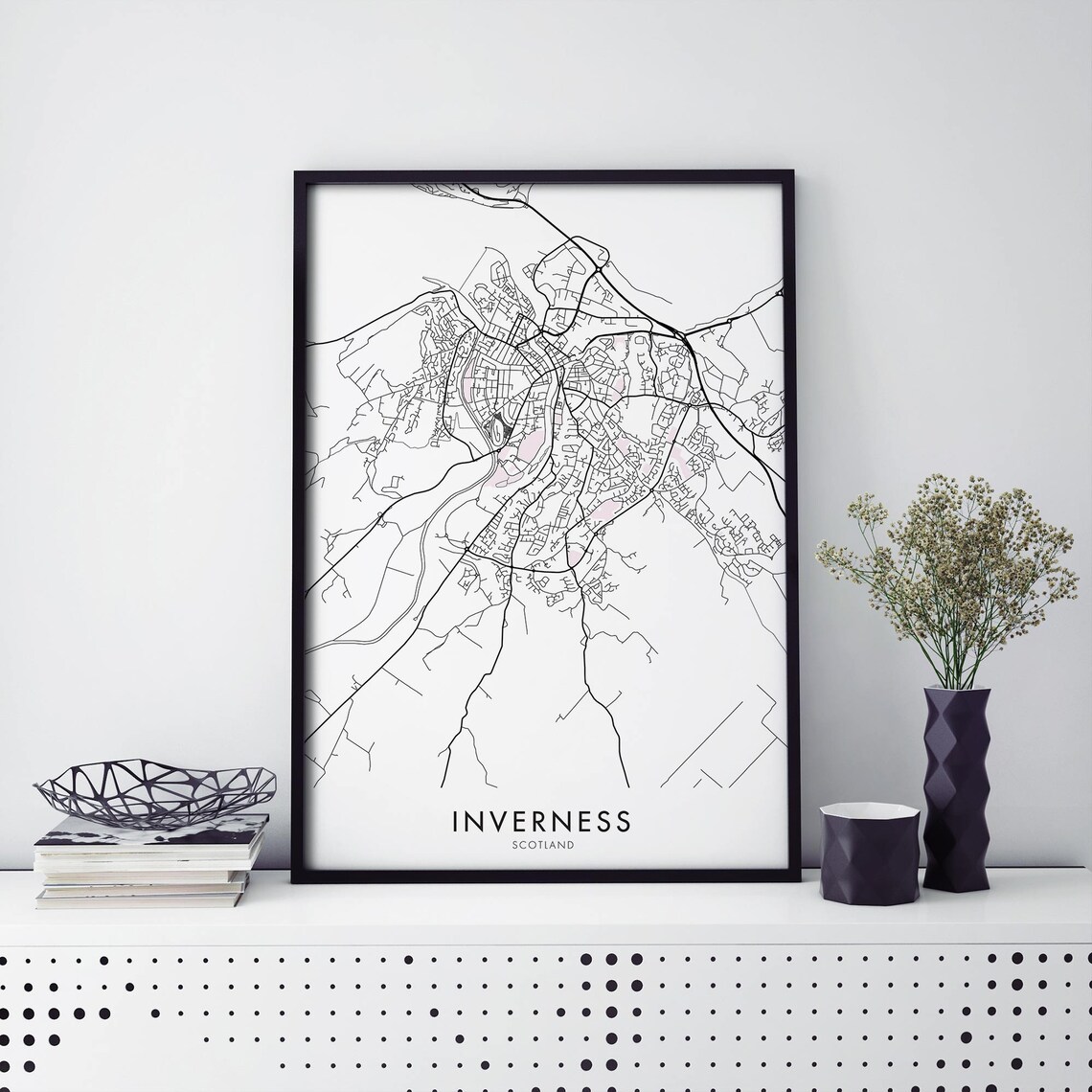 Minimal Black And White Inverness Scotland City Map Wall Art