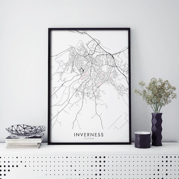 Minimal Black And White Inverness Scotland City Map Wall Art