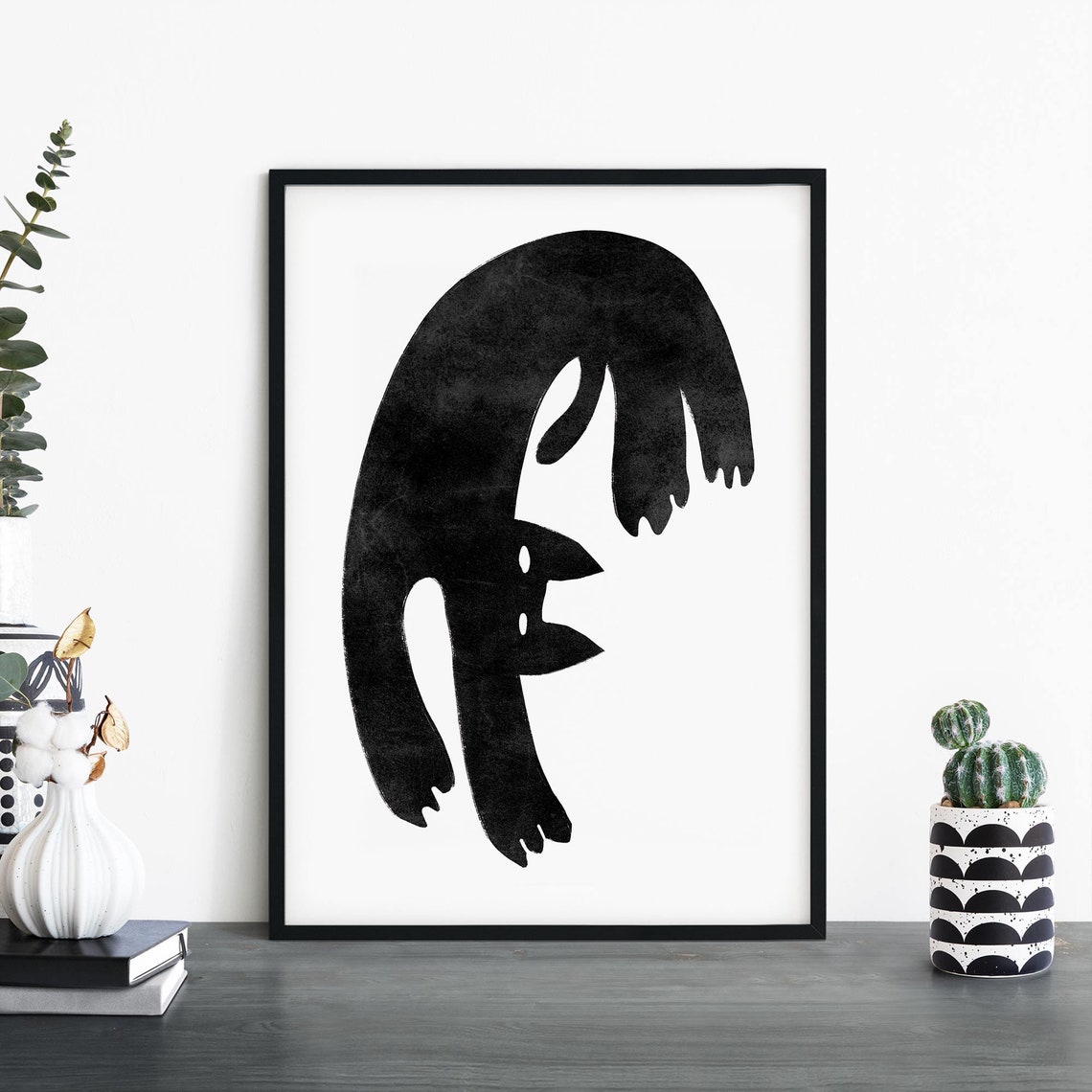 Playful Black Cat Stretching Silhouette Monochrome Abstract Poster