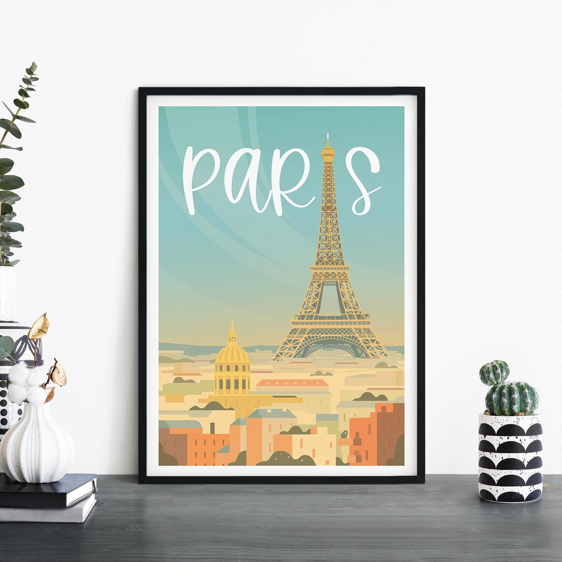 Paris Eiffel Tower Morning Cityscape Mint Green Travel Poster