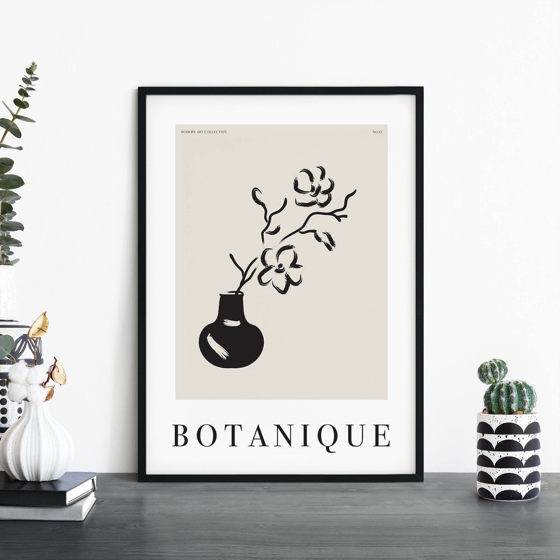 Botanique Black Vase With Flowers Ink Sketch Modern Art Poster