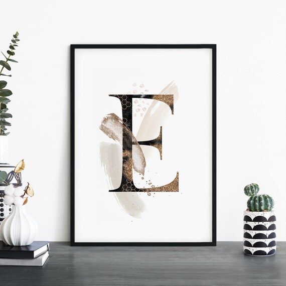 Elegant Letter E Gold Glitter Watercolor Monogram Alphabet Print