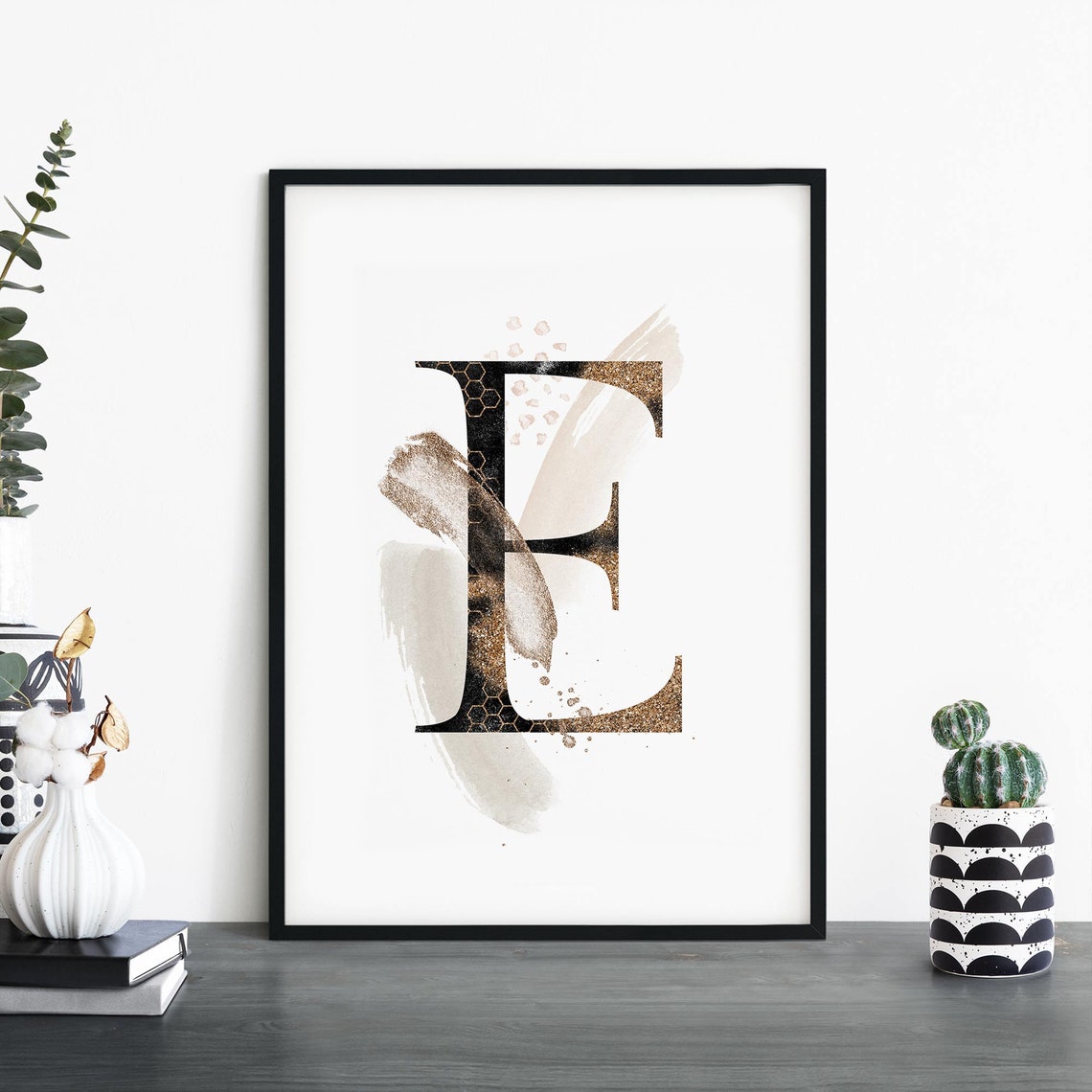 Elegant Letter E Gold Glitter Watercolor Monogram Alphabet Print