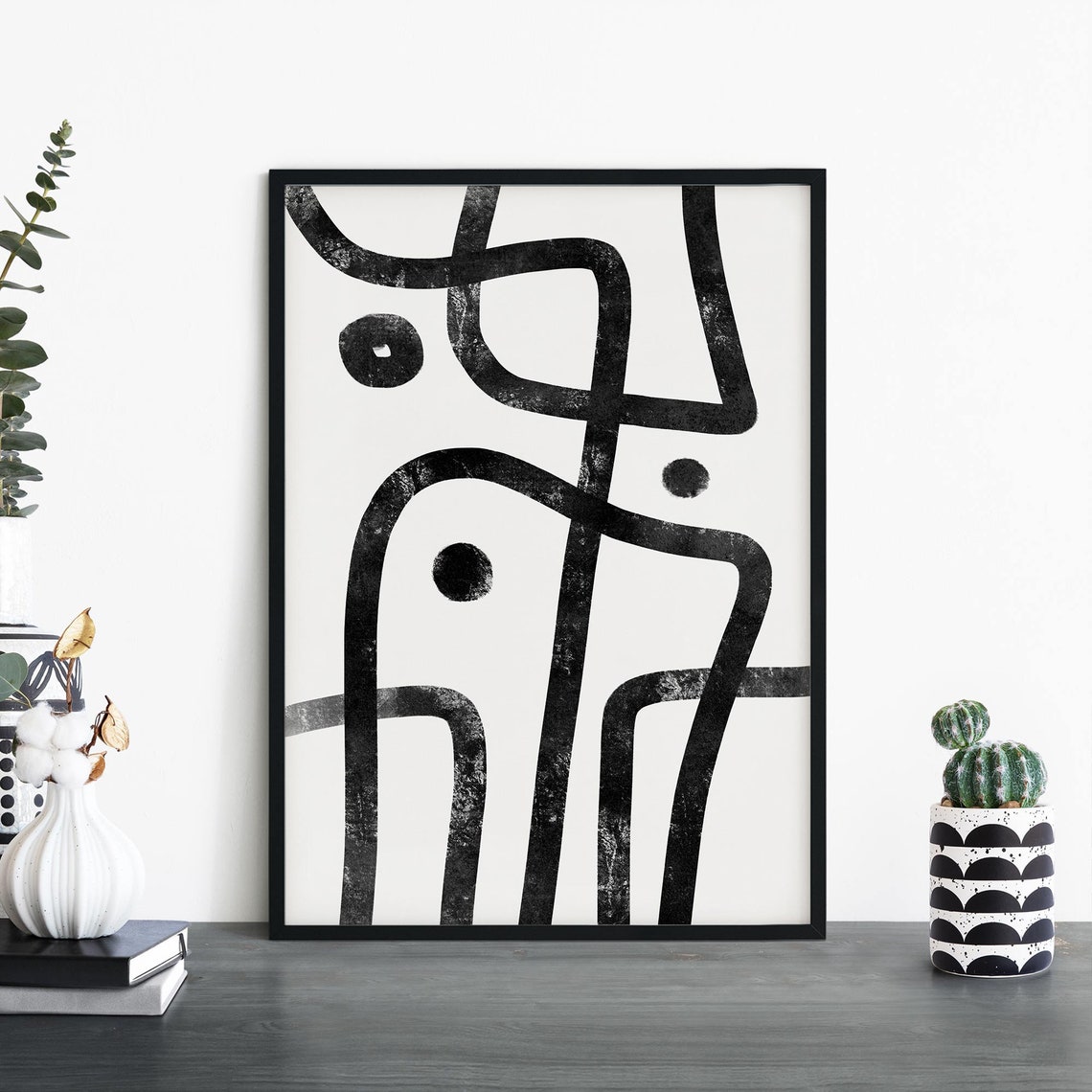 Flowing Black Line Contours With Dots Monochrome Abstract Poster