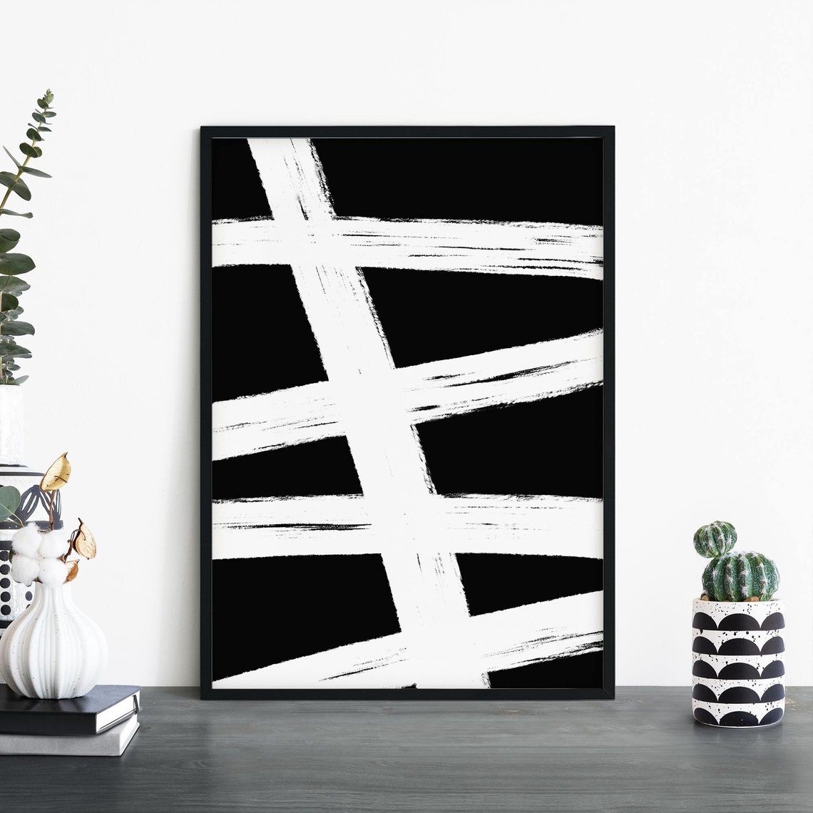 Mono No4 Black White Abstract White Brushstroke Modern Poster
