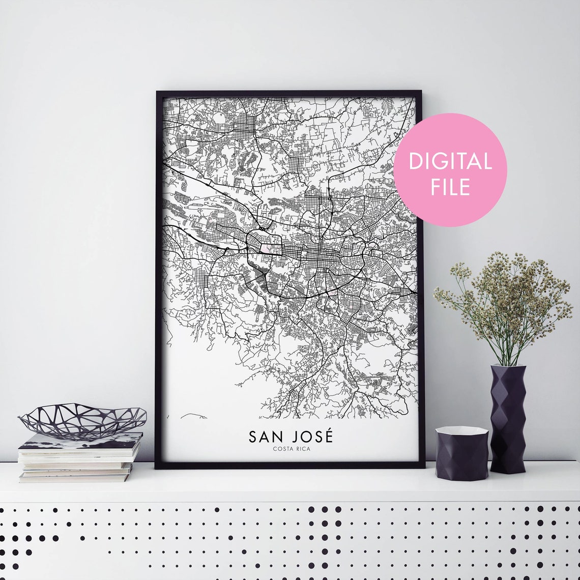 San Jose Costa Rica Black and White Street Map Digital File Poster