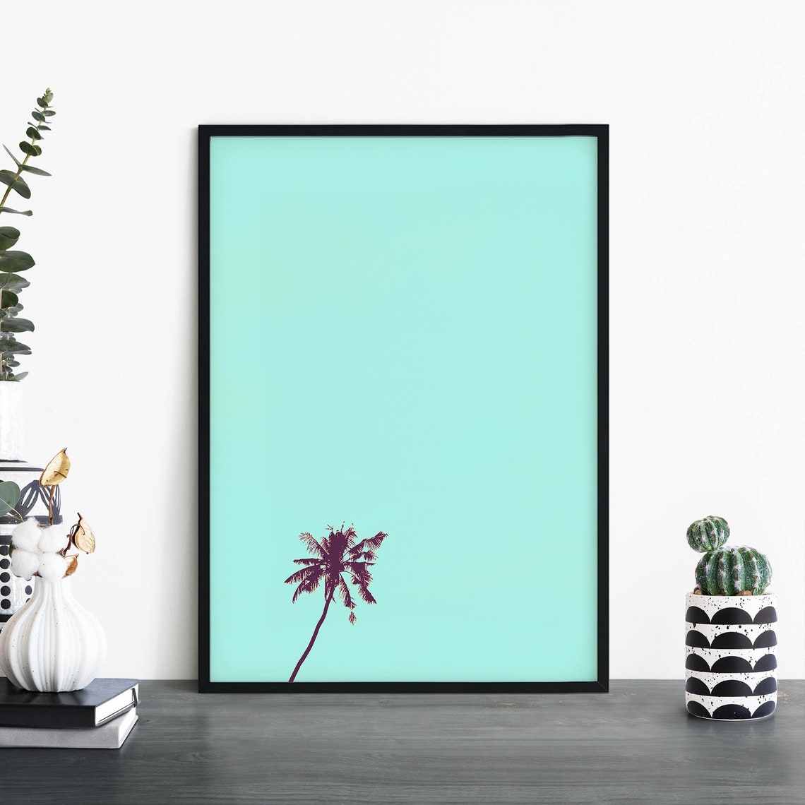 Lone Purple Palm Tree Against Bright Turquoise Minimal Art Poster