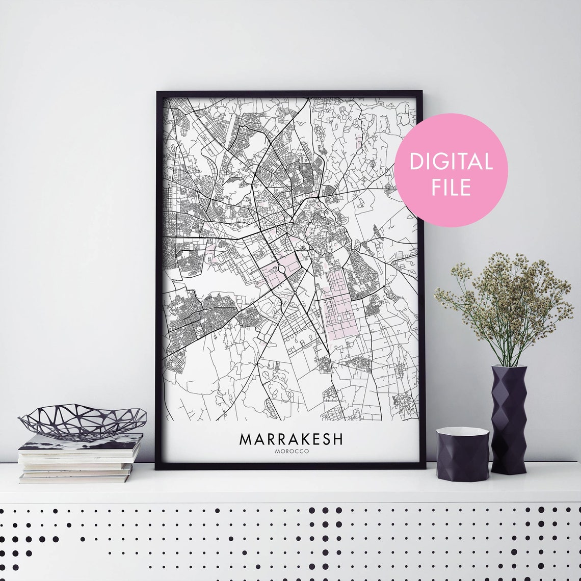 Marrakesh Morocco Monochrome Street Map Poster With Soft Pink Accents