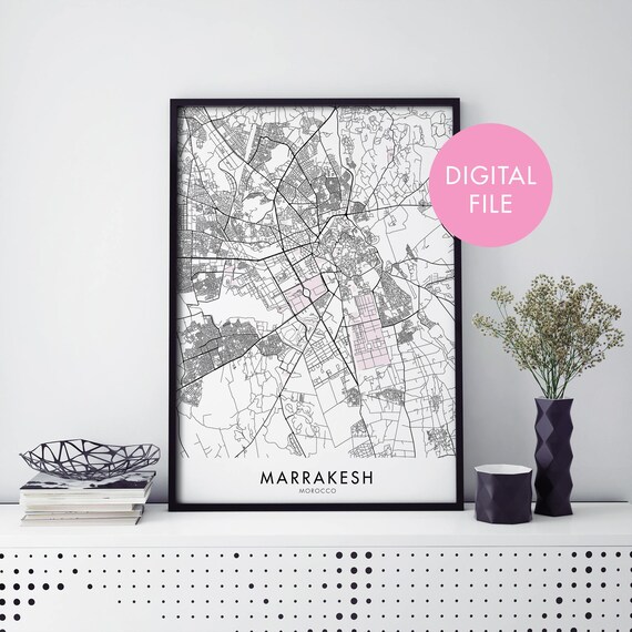 Marrakesh Morocco Monochrome Street Map Poster With Soft Pink Accents