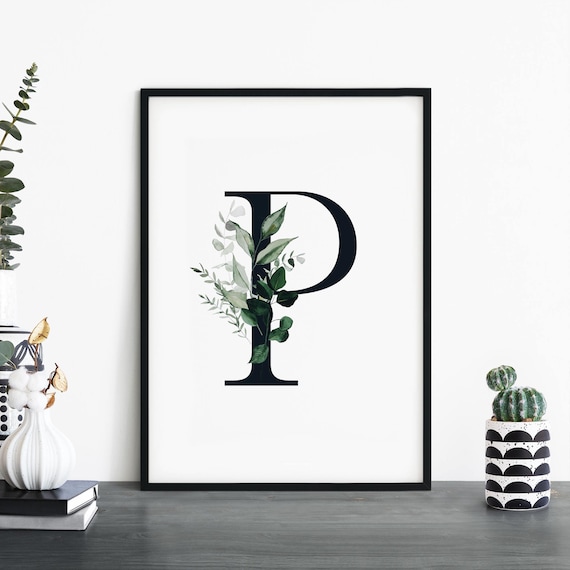 Letter P Botanical Monogram Watercolor Eucalyptus Initial Poster