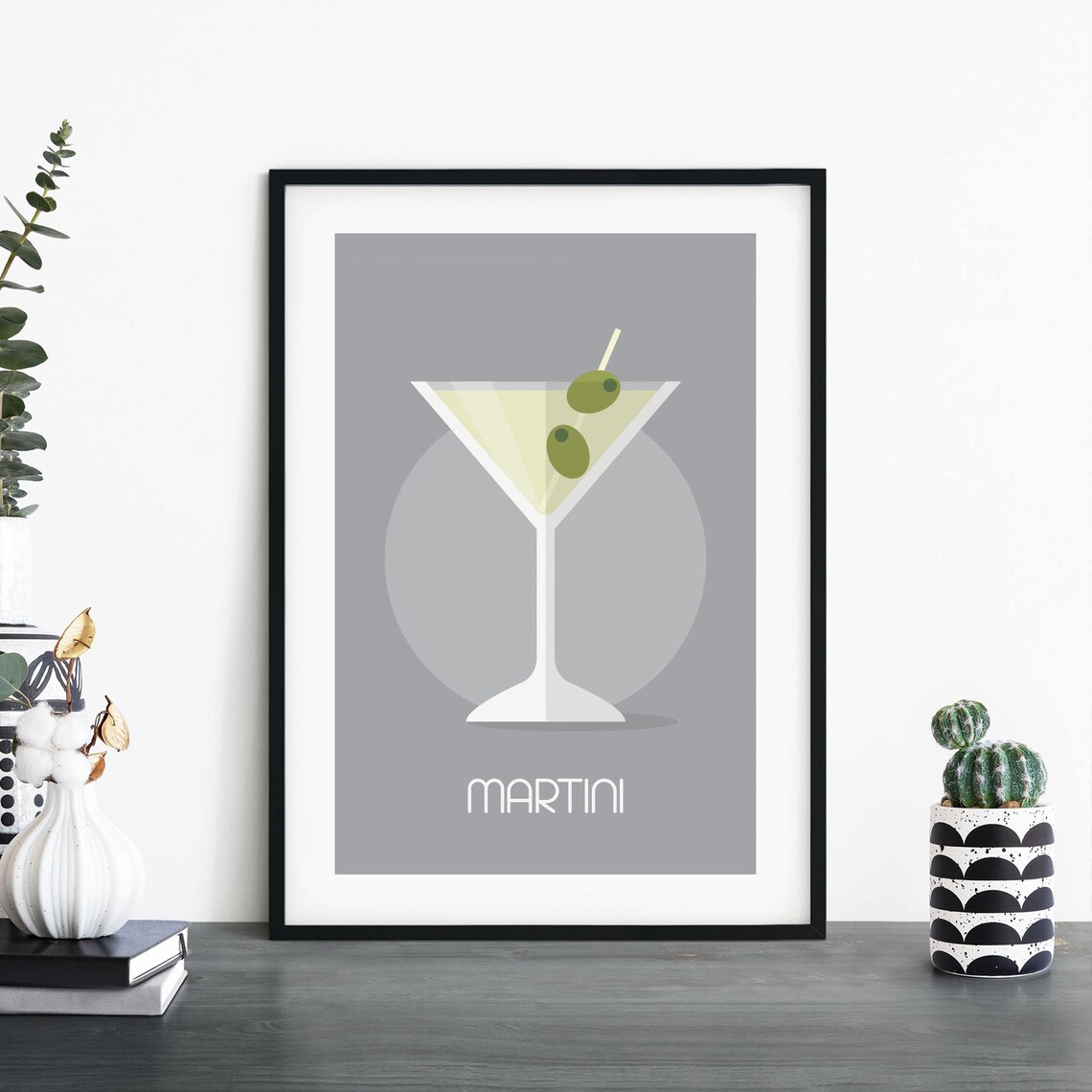 Martini Olive Minimalist Gray Cocktail Bar Cart Modern Art Print
