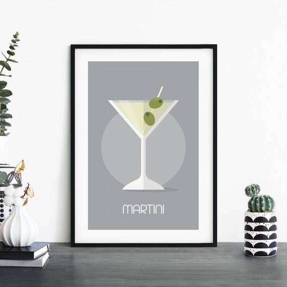 Martini Olive Minimalist Gray Cocktail Bar Cart Modern Art Print