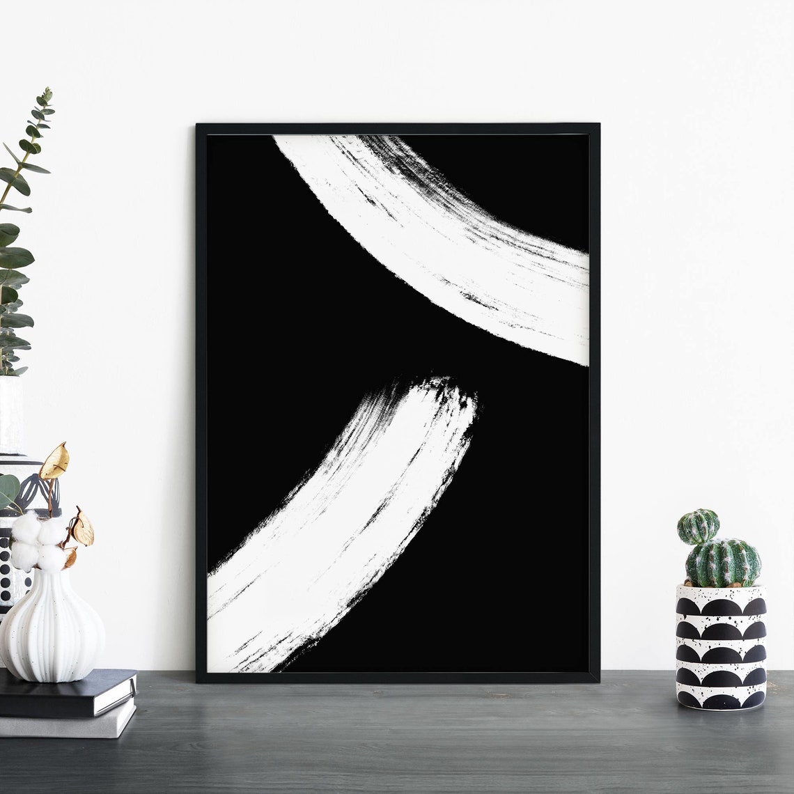 Graceful Curved White Brushstroke Sweep on Black Mono No2 Poster