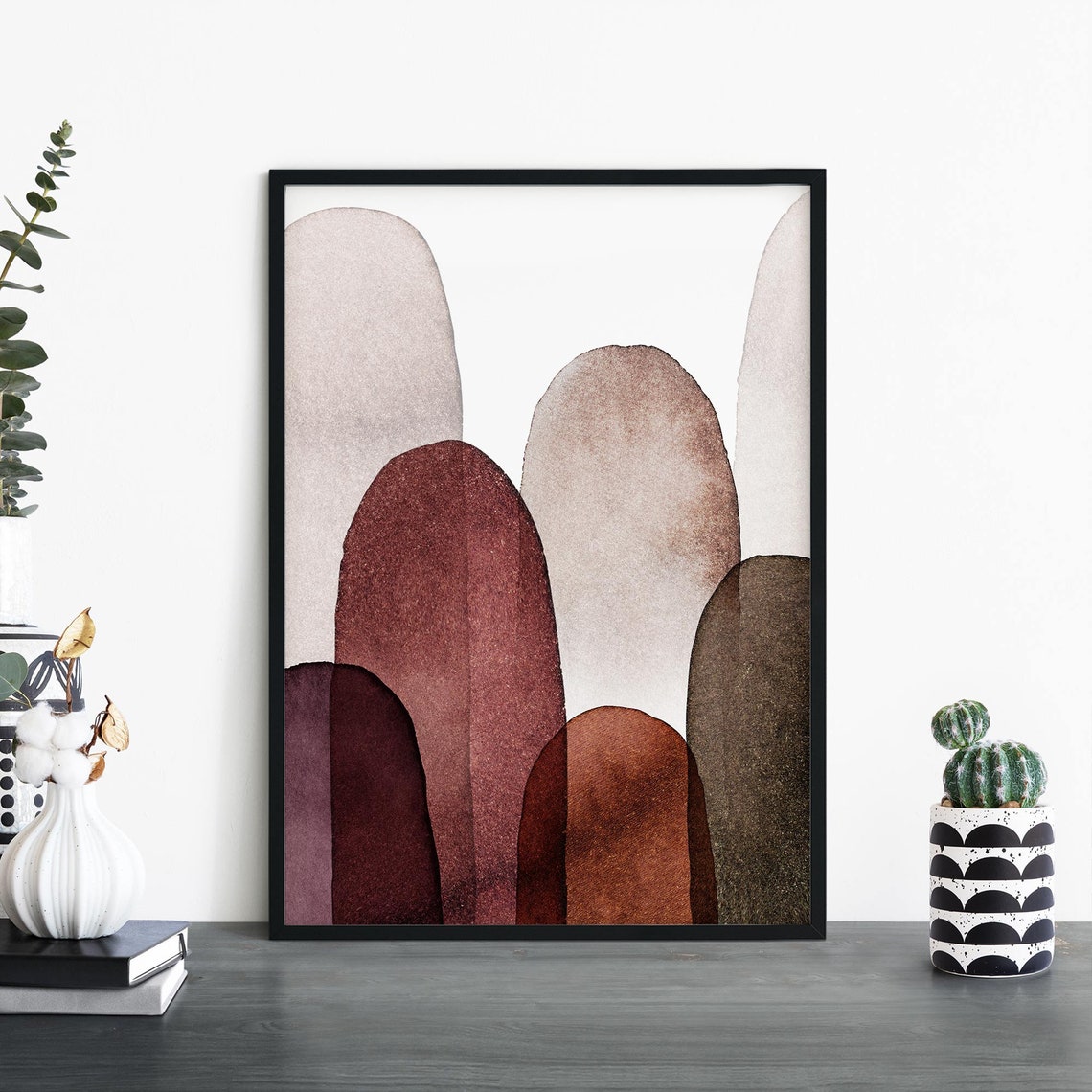 Watercolor Arch Domes Abstract Poster In Burgundy Rust And Olive Tones