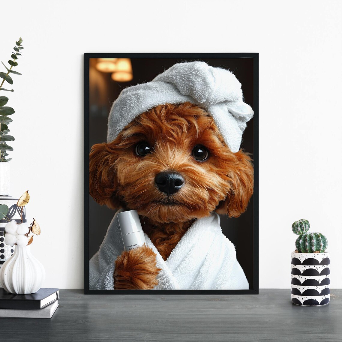 Cavoodle Spa Puppy With Towel Turban Skincare Cute Dog Poster