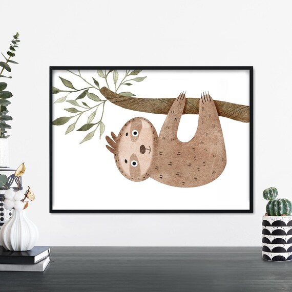 Hanging Sloth Poster Print Wall Art Childrens Kids Boys Girls Nursery Bedroom A4 A3 A2 A1