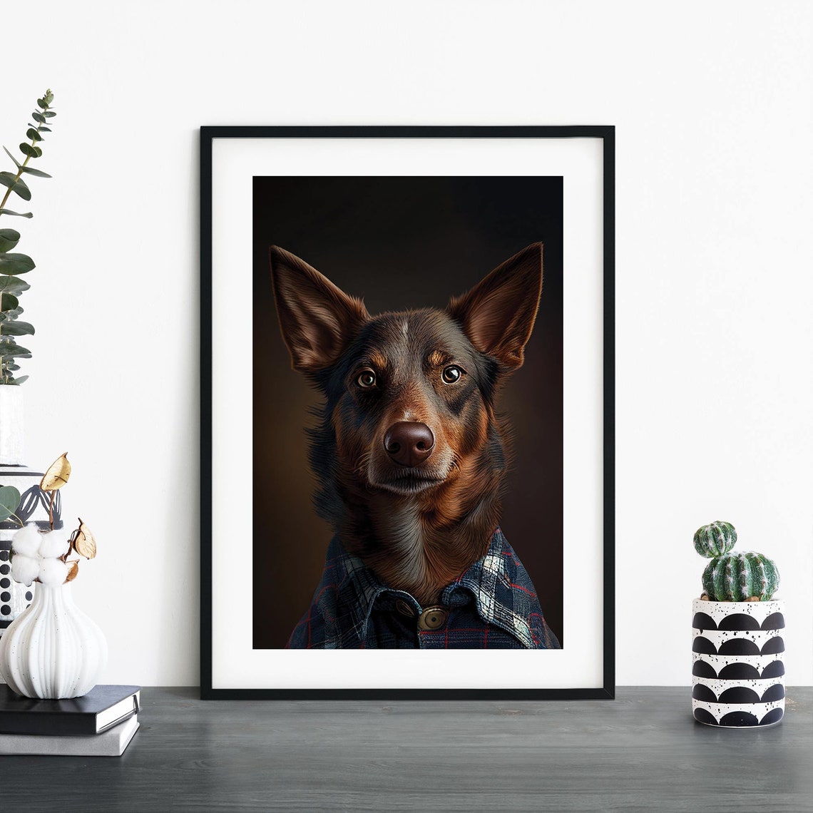 Australian Kelpie Dog In A Plaid Shirt Dark Studio Portrait Poster