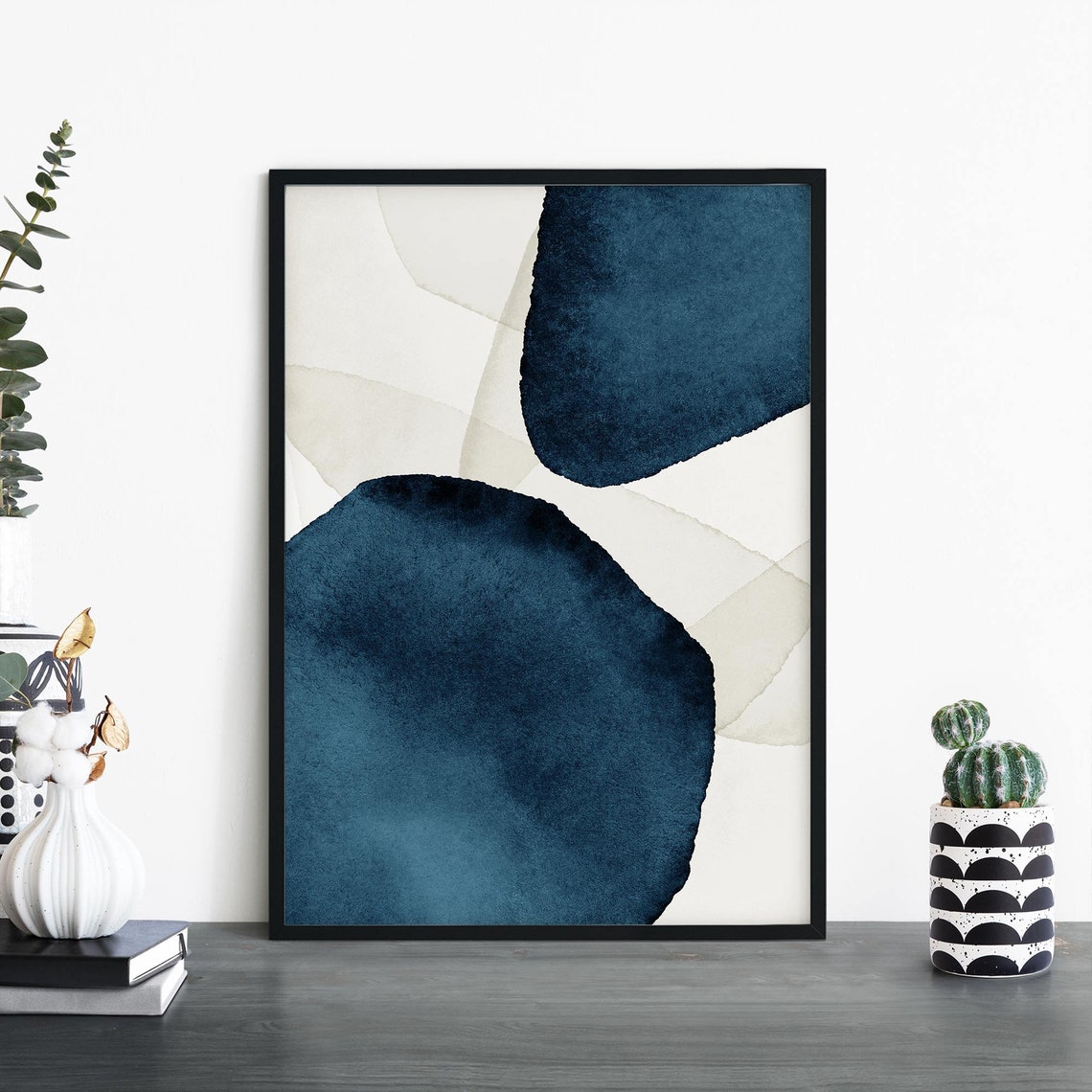 Navy Blue Stones Abstract Watercolor Modern Minimalist Poster