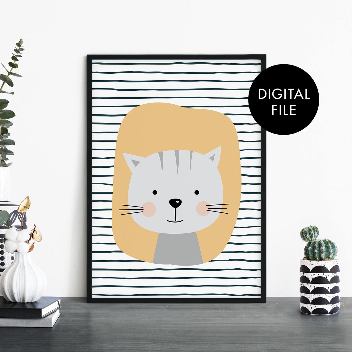 Cute Smiling Cat Face Striped Digital File Kids Room Wall Art